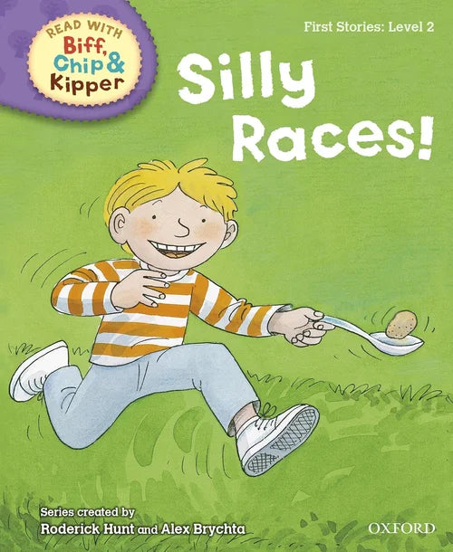 Book cover of 'Silly Races!' from the Biff, Chip & Kipper series with a child character on a green background.