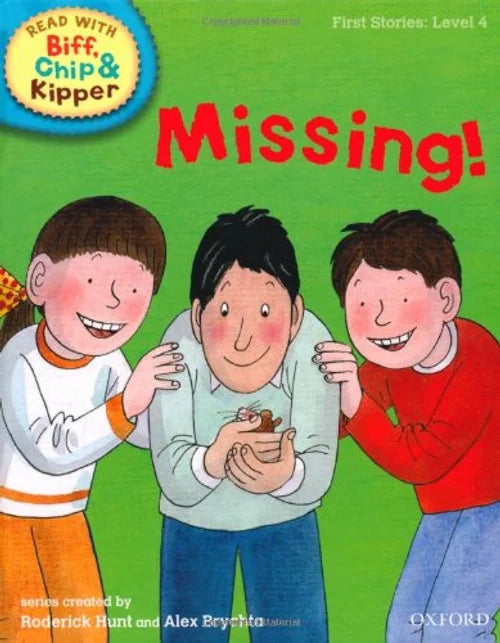 Book cover of 'Missing!' featuring three cartoon boys on a green background