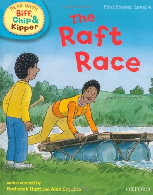 Book cover of 'The Raft Race' from the Biff, Chip & Kipper series with two children and a raft.