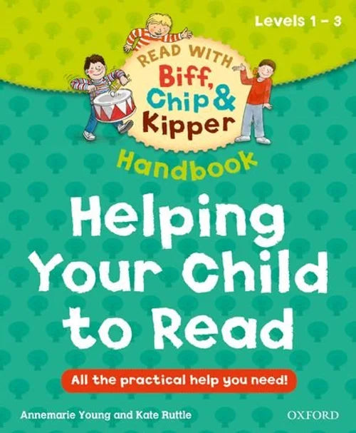 Book cover of 'Read with Biff, Chip & Kipper Handbook' on a green and blue patterned background