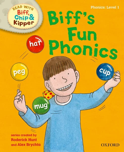 Book cover of 'Biff's Fun Phonics' with a child holding letters on an orange background.