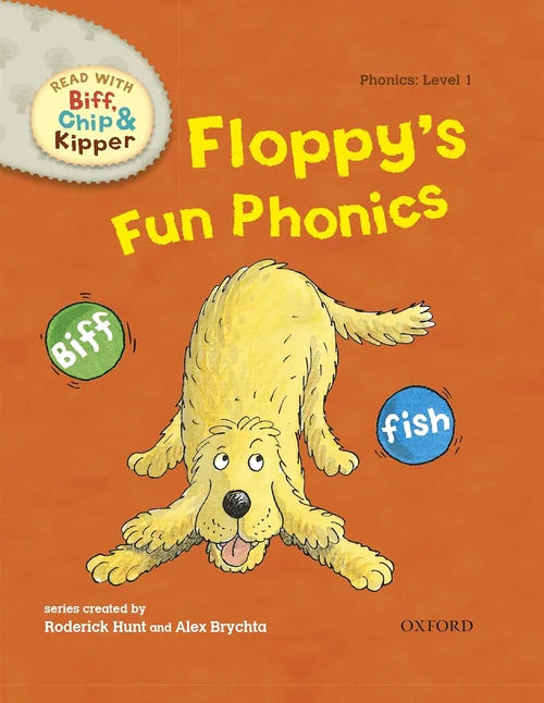 Book cover of 'Floppy's Fun Phonics' with a dog and phonetic words on an orange background.