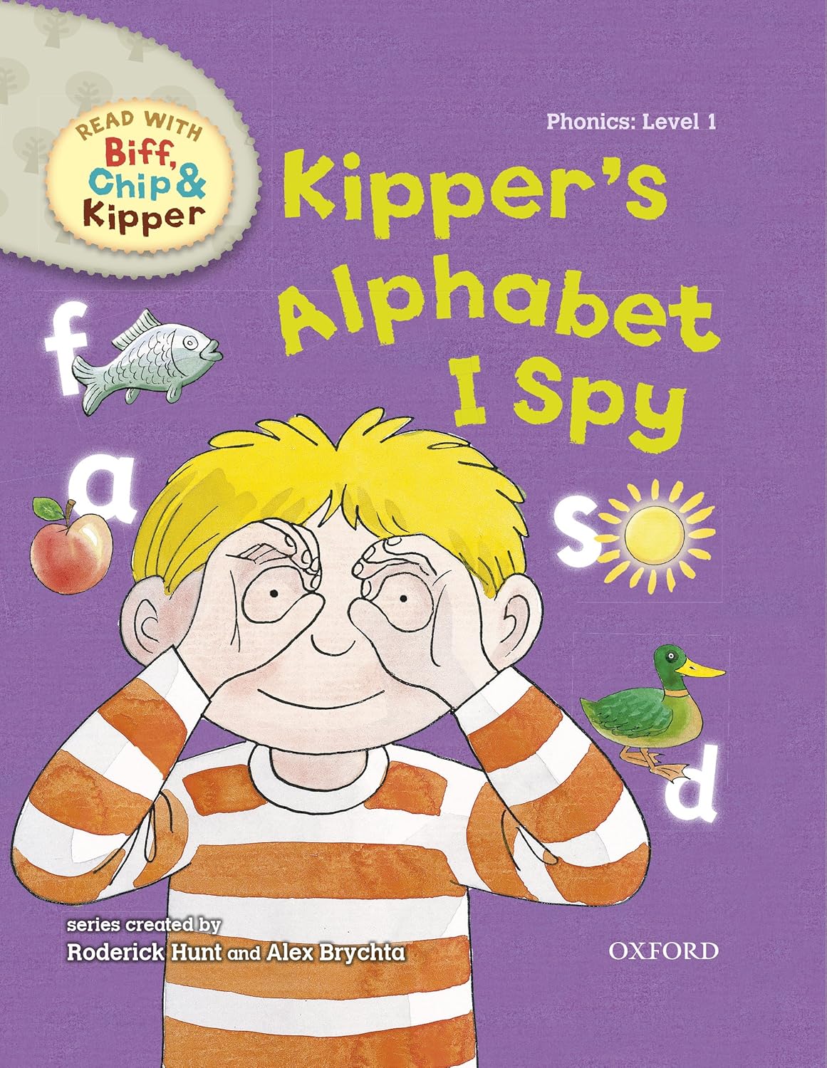 Book cover of 'Kipper's Alphabet I Spy' with a child and alphabet letters on a purple background.
