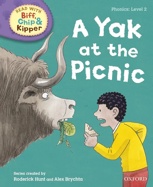 Book cover of 'A Yak at the Picnic' featuring a boy and yak illustration with a teal background.