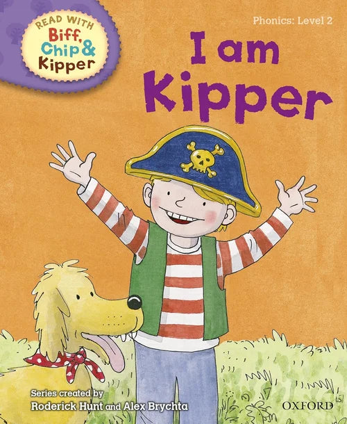 Book cover of 'I am Kipper' featuring a pirate-themed character and dog on an orange background.