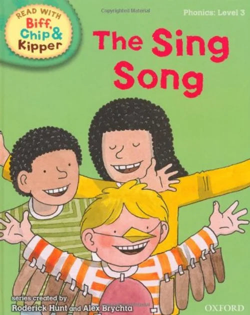 Book cover of 'The Sing Song' from the Biff, Chip & Kipper series with three children on a green background.