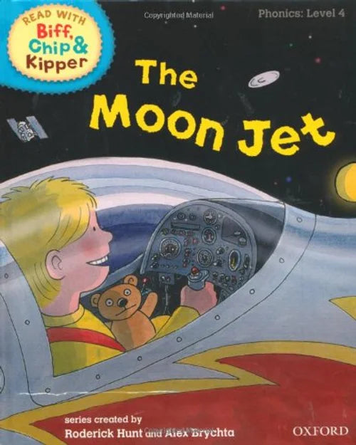 Book cover of 'The Moon Jet' from the Biff, Chip & Kipper series with a child in a space suit and teddy bear.