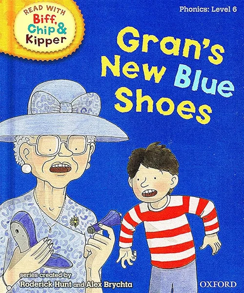Book cover of 'Gran's New Blue Shoes' featuring an illustration of a grandmother and a child on a blue background.