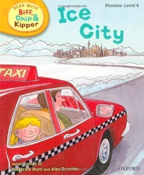 Book cover of 'Ice City' from the Read with Biff, Chip, and Kipper series with a red taxi and cityscape illustration.