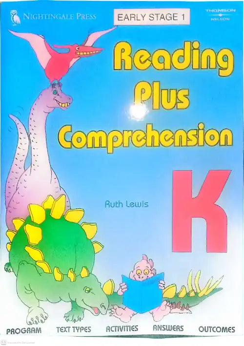Book cover of 'Reading Plus Comprehension K' by Nightingale Press with dinosaur illustrations.