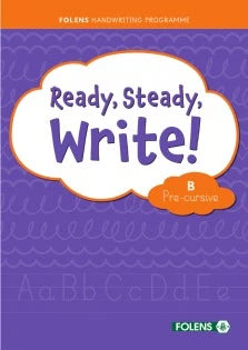 Book titled 'Ready, Steady, Write! B' by Folens on a purple background