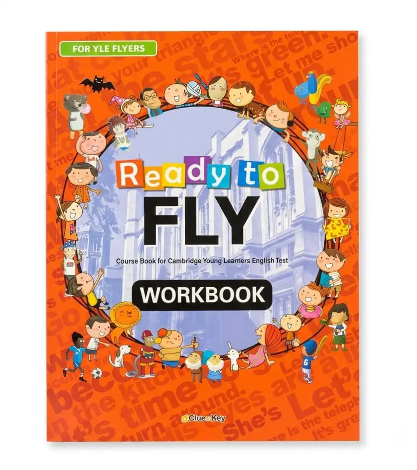 Front cover of the 'Ready to Fly Workbook' for YLE Flyers, published by Cluper Key. The cover features a bright orange background with a repeating pattern of lowercase words, a central light blue oval showing a cityscape, and a circle of colorful cartoon children surrounding the title.