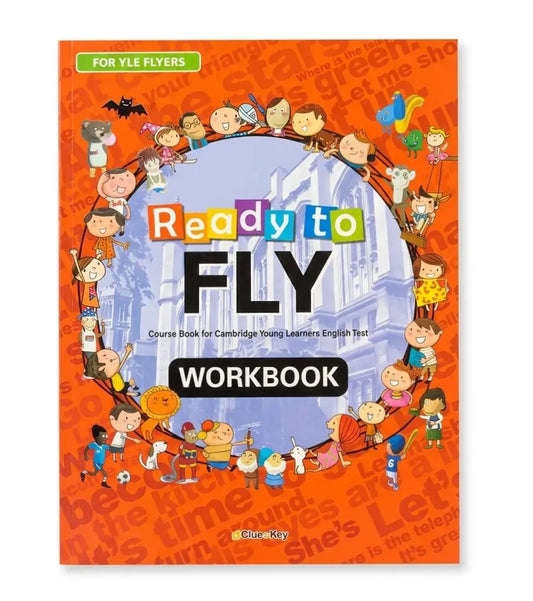 Front cover of the 'Ready to Fly Workbook' for YLE Flyers, published by Cluper Key. The cover features a bright orange background with a repeating pattern of lowercase words, a central light blue oval showing a cityscape, and a circle of colorful cartoon children surrounding the title.