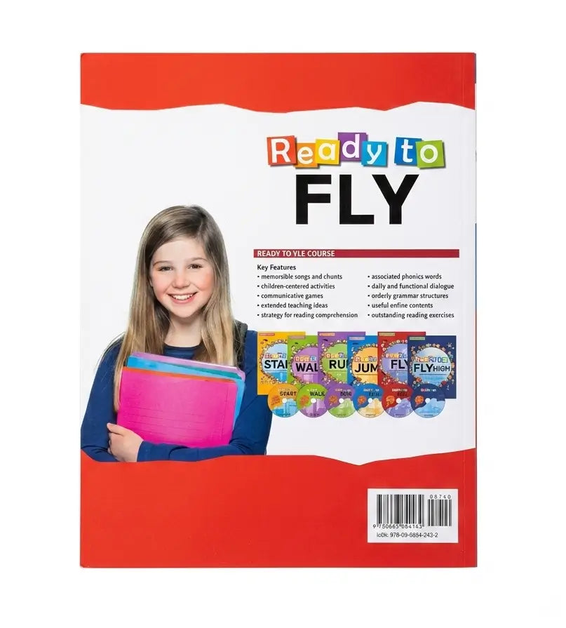 Front cover of a Ready to Fly English course book package, featuring a smiling girl holding colorful folders, the title 'Ready to FLY' in multicolored letters, and small course pack thumbnails along the bottom.