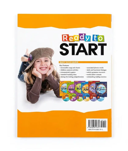 Ready to Start English Language Learning book package, featuring a smiling girl in a brown hat on the front cover, with orange borders, colorful title text, and small book covers shown along the bottom.