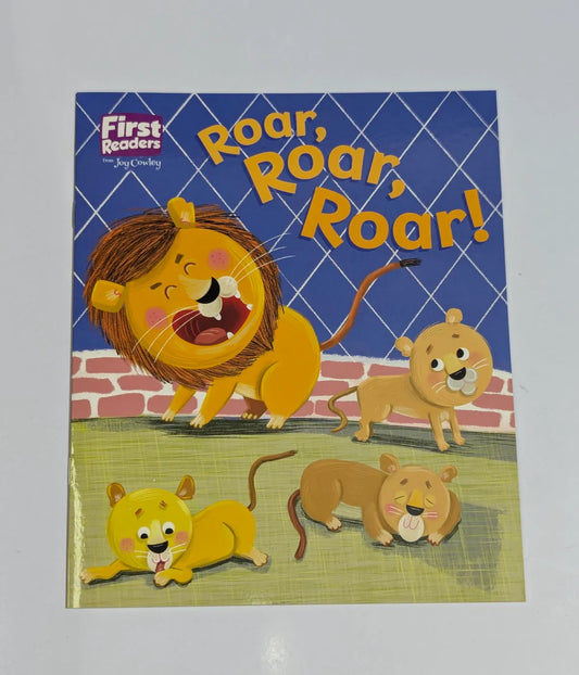 Children's book titled 'Roar, Roar, Roar!' with lion illustrations on a blue and yellow background.