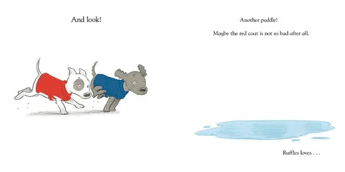 Cartoon of two dogs in red and blue coats near a puddle with text about a red coat not being as good after all.