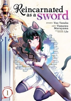 Manga cover of 'Reincarnated as a Sword' with an anime-style character holding a sword.