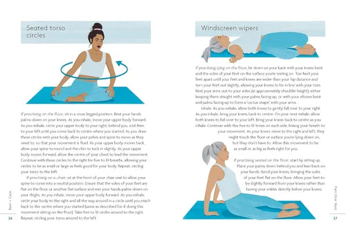 Yoga book page with illustrations of a woman performing seated torso circles and windscreen wipers on a blue mat.