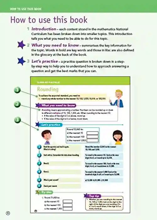 Instructional page on how to use a book for rounding practice with text and illustrations.
