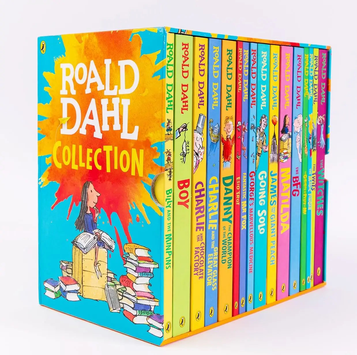 Roald Dahl book collection with colorful covers on a white background