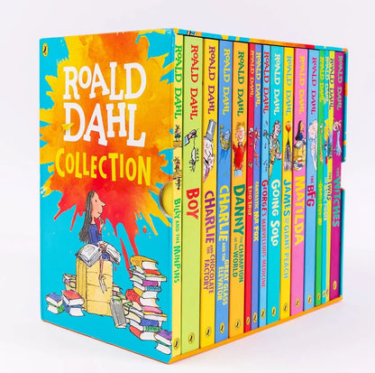 Roald Dahl book collection with colorful covers on a white background