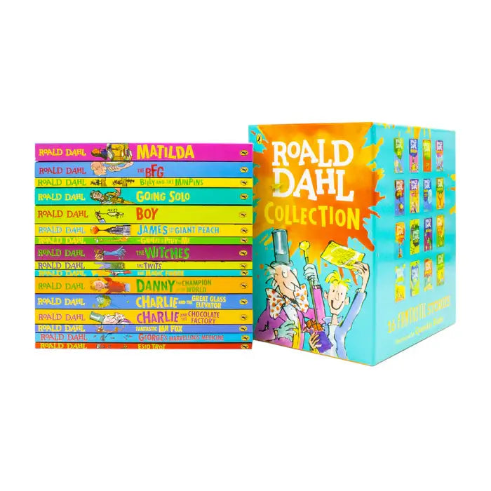 Collection of Roald Dahl books with colorful covers and a prominent box labeled 'Roald Dahl Collection' on a white background.
