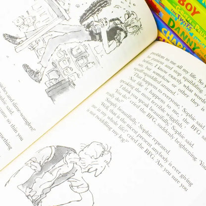 Open book with illustrations of a boy and girl lying on a bed, with a colorful book titled 'Danny and the Dinosaur' in the background.