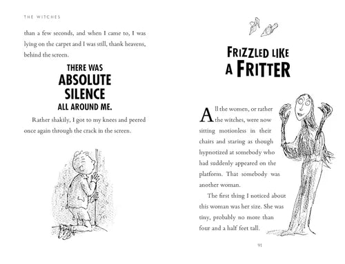 Page from a book with text and illustrations of witches, featuring the phrase 'Frizzled like a fritter'.