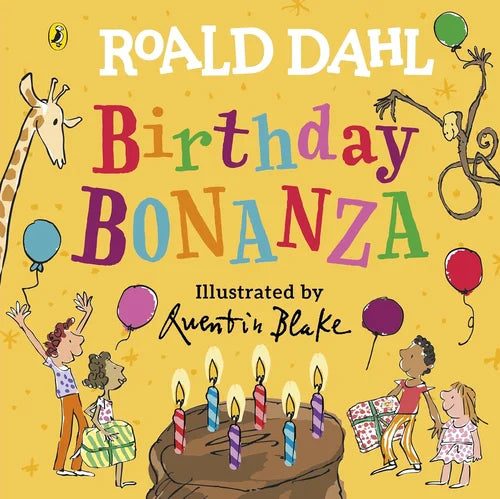Book cover of 'Birthday Bonanza' by Roald Dahl with illustrations of children and a cake.