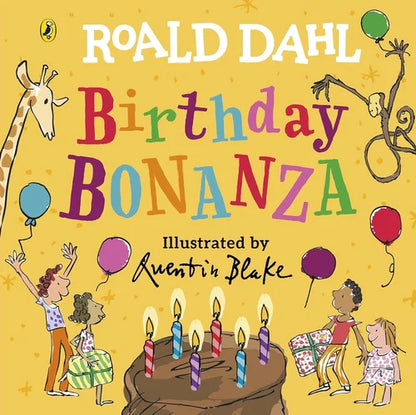 Book cover of 'Birthday Bonanza' by Roald Dahl with illustrations of children and a cake.