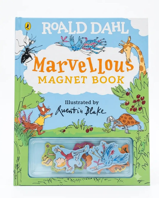 The front cover of the children's book 'Marvellous Magnet Book' by Roald Dahl, illustrated by Quentin Blake. The cover features a colorful cartoon landscape with animals and a clear window at the bottom displaying the included magnetic animal pieces.