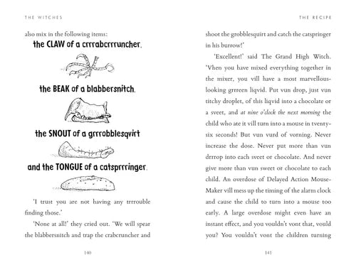 Page from a book with text and illustrations of ingredients for a recipe, including 'the CLAW of a crabebruncher', 'the BEAK of a blabbersnitch', 'the SNOUT of a grrrbblesqvirt', and 'the TONGUE of a catspringer'.