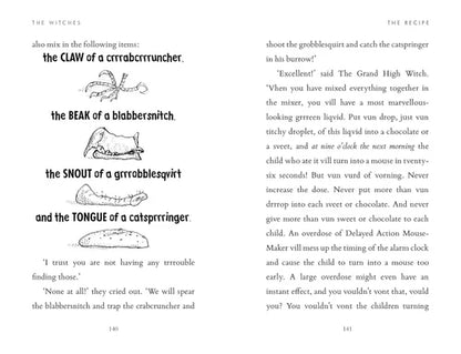 Page from a book with text and illustrations of ingredients for a recipe, including 'the CLAW of a crabebruncher', 'the BEAK of a blabbersnitch', 'the SNOUT of a grrrbblesqvirt', and 'the TONGUE of a catspringer'.