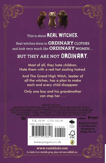 Book back cover with text about witches and a purple background
