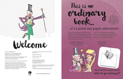Illustrated book opening with a character and text about a press-out paper adventure.