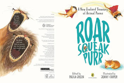 Book cover of 'Roar Squeak Purr' with illustrations of animals and text.