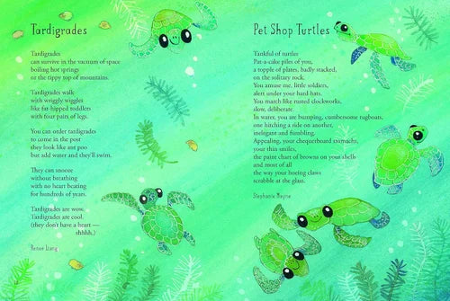 Illustrated book page with green turtles and text on a green background