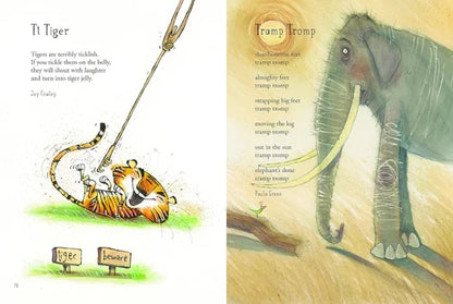 Illustration from a children's book showing a tiger and an elephant with text.
