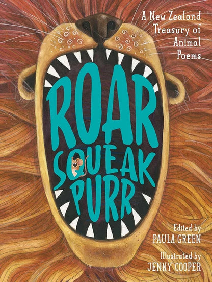 Book cover of 'Roar Squeak Purr' with a lion's mouth illustration and text about animal poems.