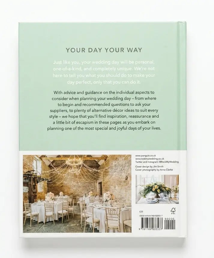 The back cover of a wedding planning booklet or guide, titled 'YOUR DAY YOUR WAY', featuring a pale mint green background with descriptive text and two photographic panels showing wedding interiors and floral arrangements.