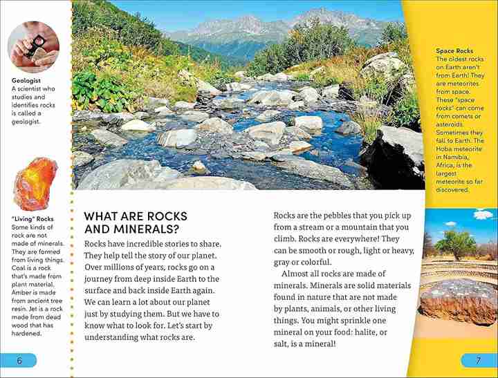 Educational page about rocks and minerals with a stream and mountains in the background.