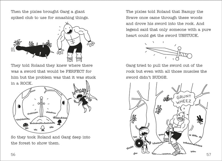 Illustrated book pages with cartoon characters and text about pixies and a giant club.