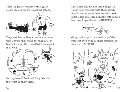 Illustrated book pages with cartoon characters and text about pixies and a giant club.