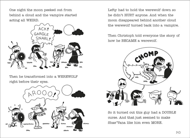 Comic book page with black and white illustrations and text about a werewolf and vampire story.