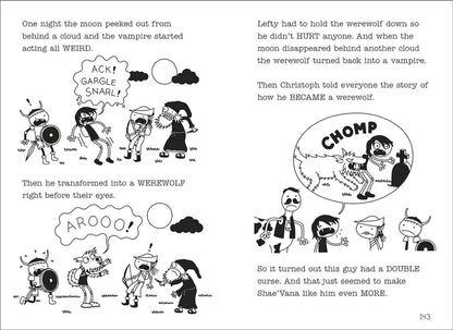 Comic book page with black and white illustrations and text about a werewolf and vampire story.