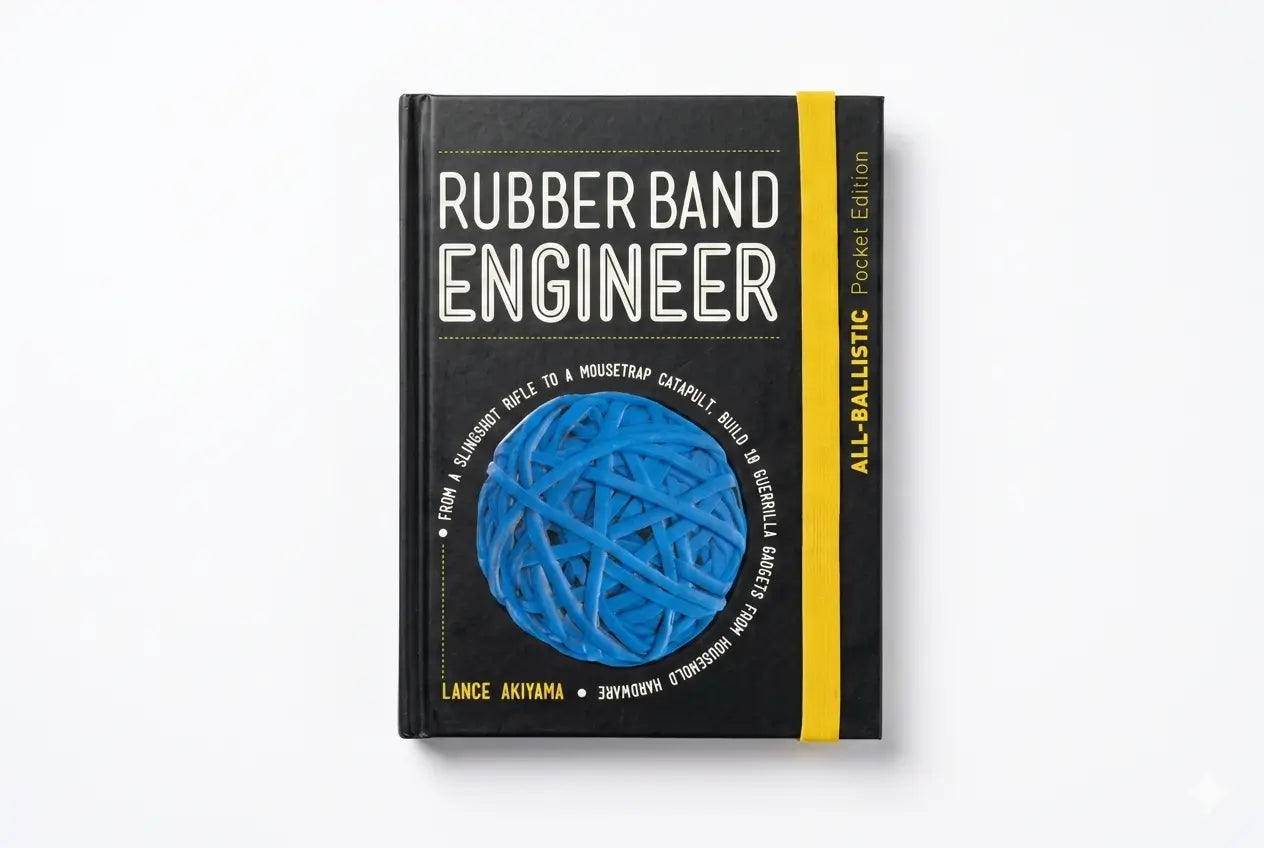 Book titled 'Rubber Band Engineer' with a blue rubber band on a white background