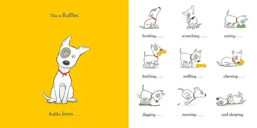 Illustration of a dog named Ruffles with a list of activities on a yellow background