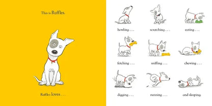 Illustration of a dog named Ruffles with a list of activities on a yellow background