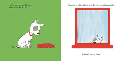 Illustration of a dog with a coat and a puddle, looking out a window at another dog in a raincoat.